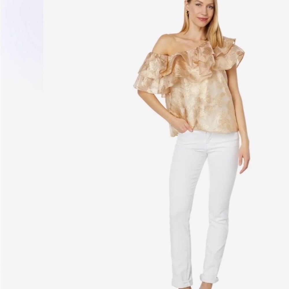 Lilly Pulitzer Trixie One Shoulder Gold Organza Brocade Top Small NWT Resort - Picture 2 of 9